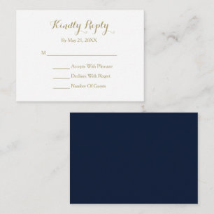 Elegant Script Navy Blue Gold White RSVP Card