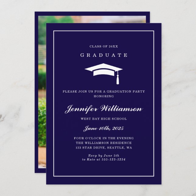 Elegant Script Navy Blue Graduation Party Photo Invitation (Front/Back)