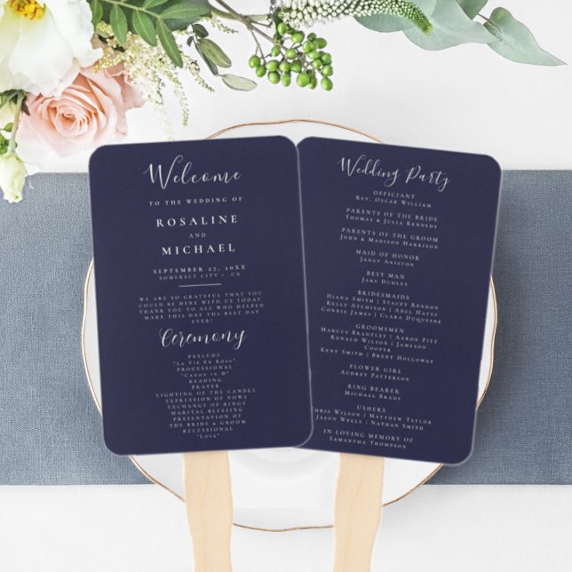 Elegant Script Navy Blue Modern Minimalist Wedding Hand Fan (Creator Uploaded)