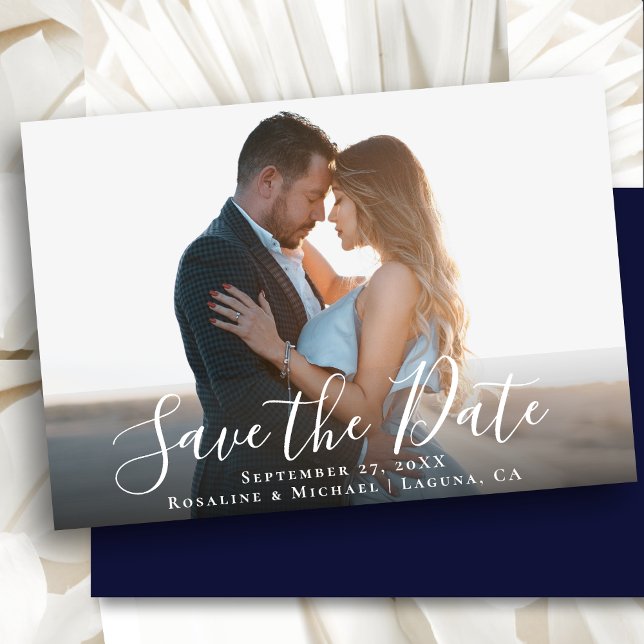Elegant Script Navy Blue Photo Minimalist Wedding Save The Date (Creator Uploaded)