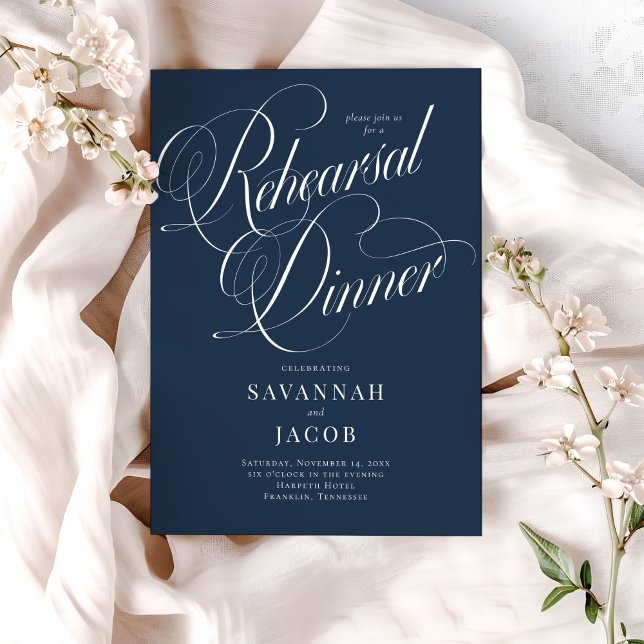 Elegant Script Navy Blue Rehearsal Dinner Invitation (Creator Uploaded)