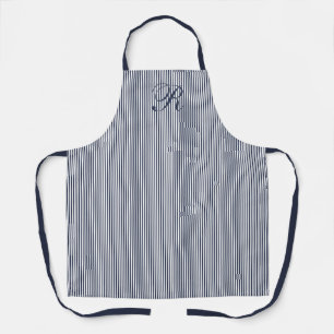 Elegant Script Navy Blue Stripe Classic Monogram Apron