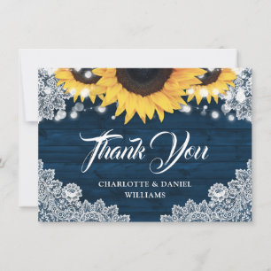 Elegant Script Navy Blue Sunflower Wood Wedding Thank You Card