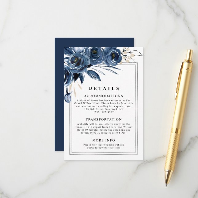 Elegant Script Navy Blue Wedding Details Classic Enclosure Card (Front/Back In Situ)