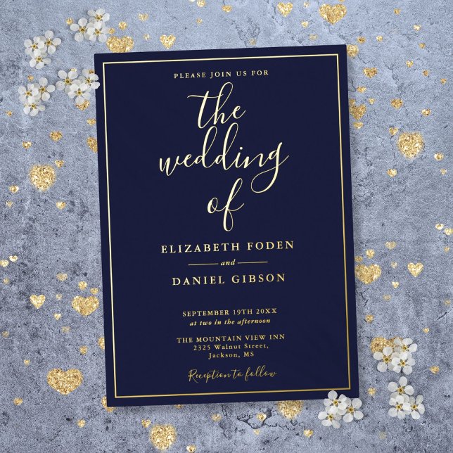 Elegant Script Navy Blue Wedding Gold Foil (Elegant Script Navy Blue Wedding Gold Foil Foil Invitation)