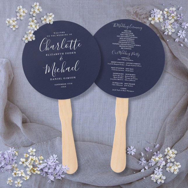 Elegant Script Navy Blue Wedding Program Round Hand Fan (Elegant Script Navy Blue Wedding Program Round Hand Fan)