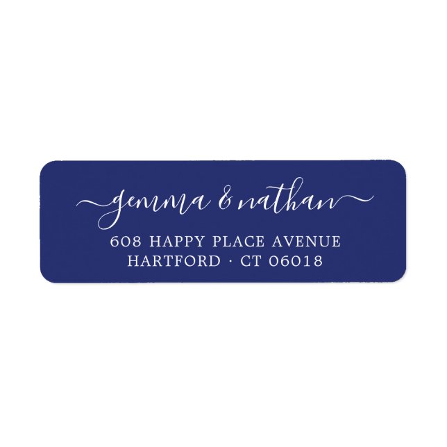 Elegant Script Navy Blue Wedding Return Address (Front)