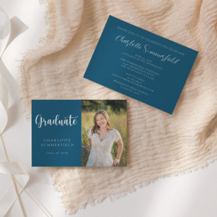 Elegant Script Navy Blue White Photo Graduation Invitation