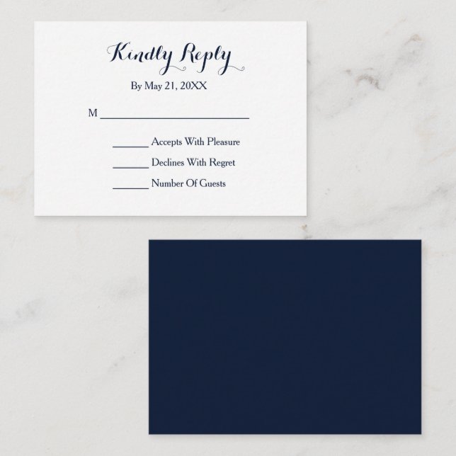 Elegant Script Navy Blue White RSVP Card (Front/Back)