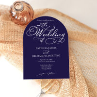 Elegant Script Navy Blue White Wedding Invitations
