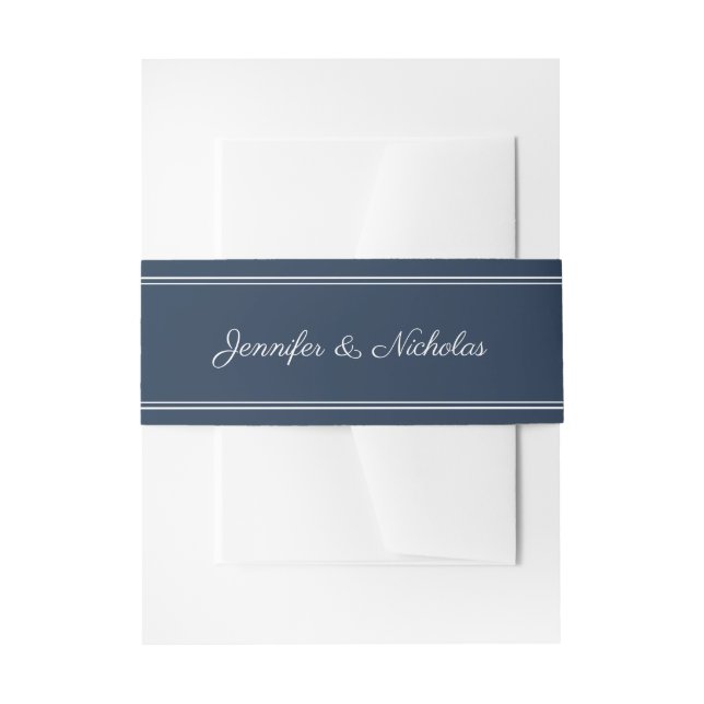 Elegant Script Navy Bue Wedding Invitation Belly Band (Front Example)