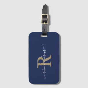 Elegant Script Navy Gold Monogram Name Travel Luggage Tag