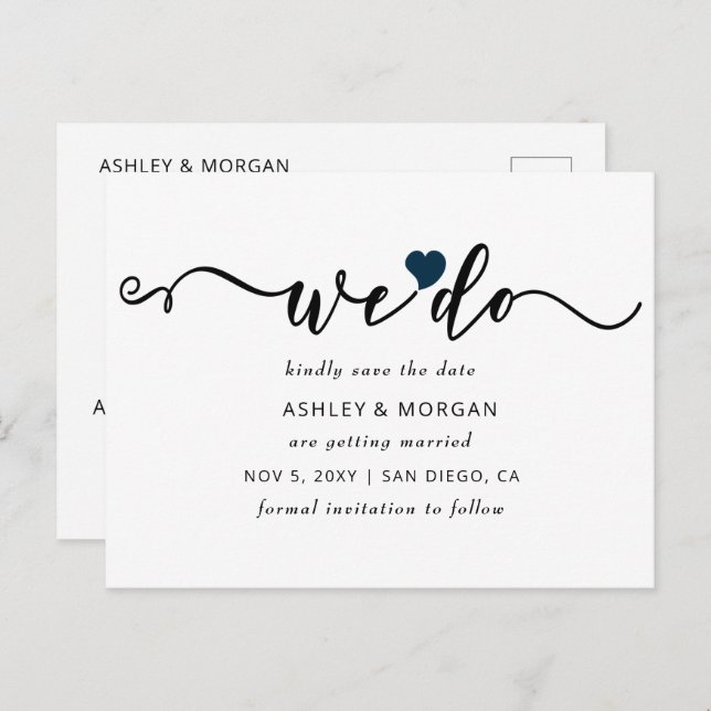Elegant Script Navy Heart We Do Save the Date Announcement Postcard (Front/Back)