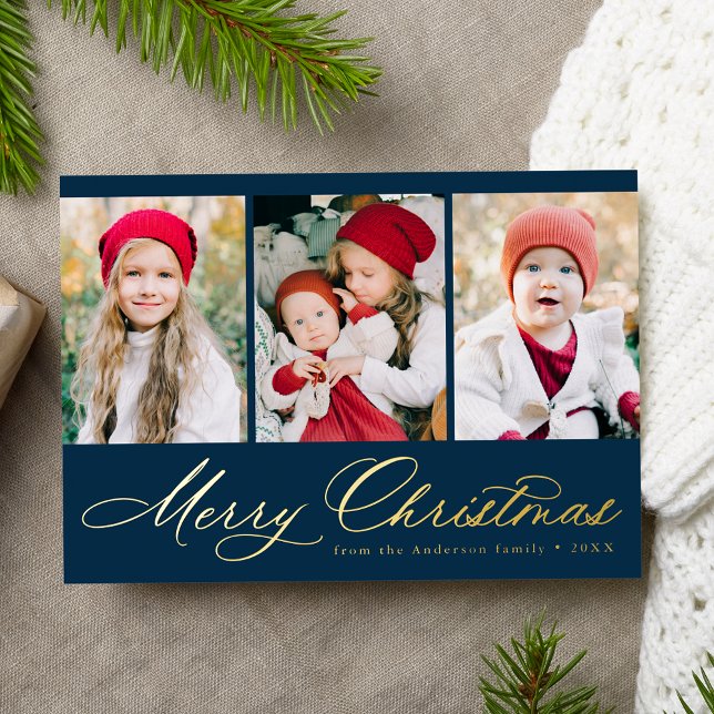 Elegant Script Navy Merry Christmas 3 Photo (Creator Uploaded)