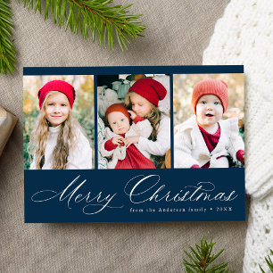 Elegant Script Navy Merry Christmas 3 Photo Holiday Card