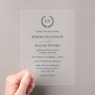 Elegant Script Navy Monogram Crest Wreath Wedding Acrylic Invitations