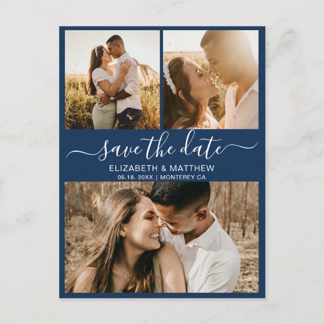 Elegant Script Navy Photo Budget Save The Date Announcement Postcard (Front)