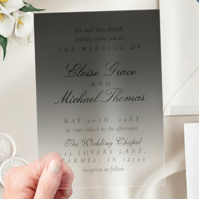 Elegant Script Neutral Black Gradient Wedding Acrylic Invitations (Invite guests to your big day with this Elegant Script Gradient Wedding Acrylic Invitation!)