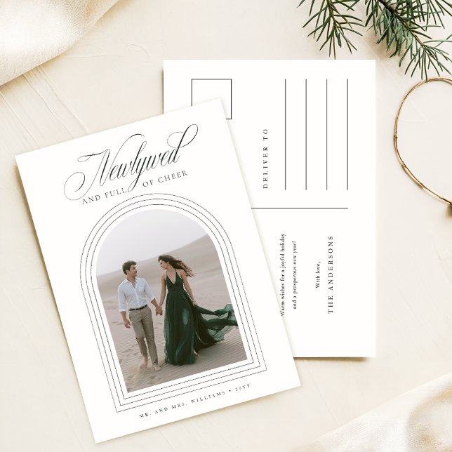 Elegant Script Newlywed Christmas Photo Holiday Postcard (Creator Uploaded)