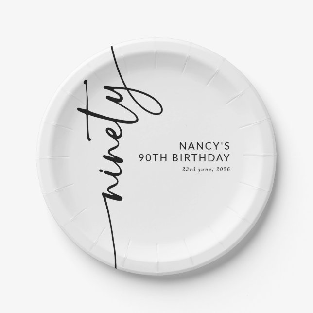 Elegant Script Ninety 90th Birthday Paper Plate (Front)