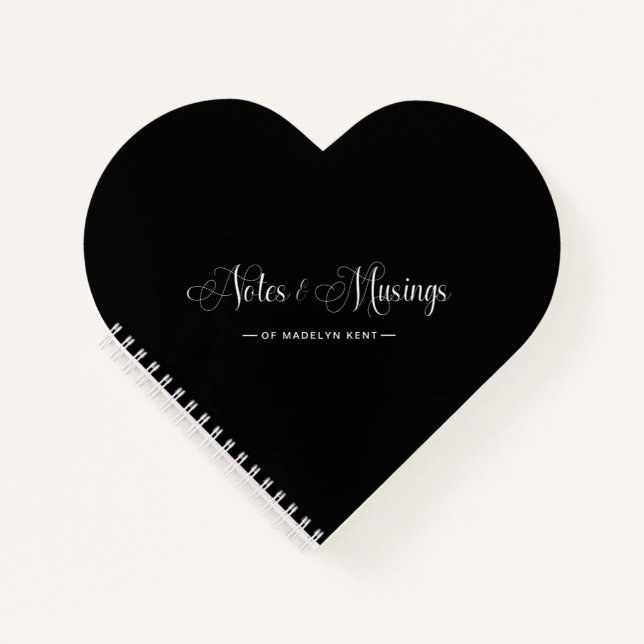 Elegant Script Notes & Musings Heart Black Notebook (Front)