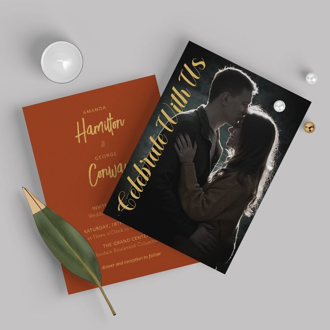 Elegant Script Ochre Mustard Photo Wedding Invitation (Creator Uploaded)