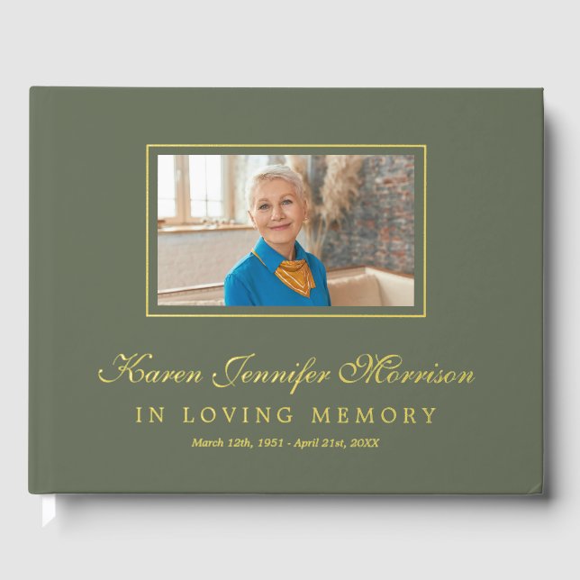 Elegant Script Olive Green Photo In Loving Memory Guest Book (Front)