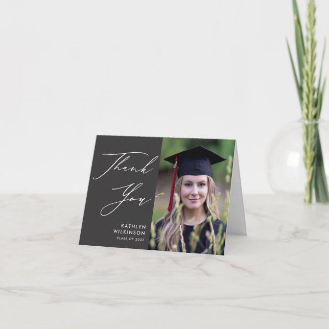 Elegant Script on Grey Minimalist Photo Graduation Thank You Card (Front)