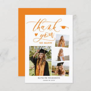 Elegant Script Orange 4 Photo Collage Graduation Thank You Card