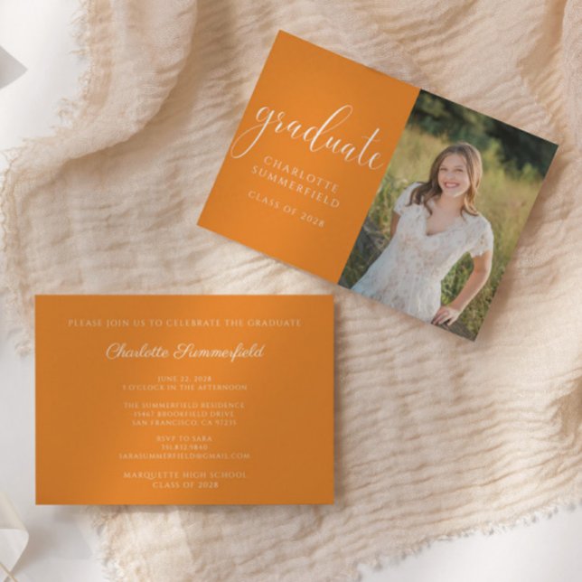 Elegant Script Orange Graduation Photo Invitation (Creator Uploaded)