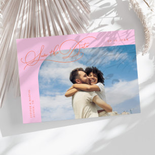 Elegant Script Orange Pink Curved Frame Photo Save The Date