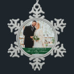 Elegant Script Our First Christmas Green Snowflake Pewter Christmas Ornament<br><div class="desc">Elegant Script Our First Christmas Wedding Photo Green Snowflake Ornament</div>