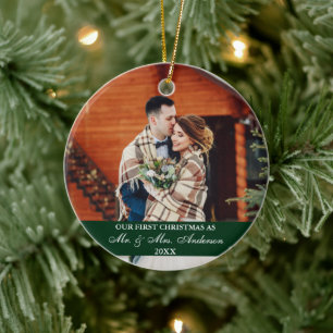 Elegant Script Our First Christmas Hunter Green Ceramic Tree Decoration