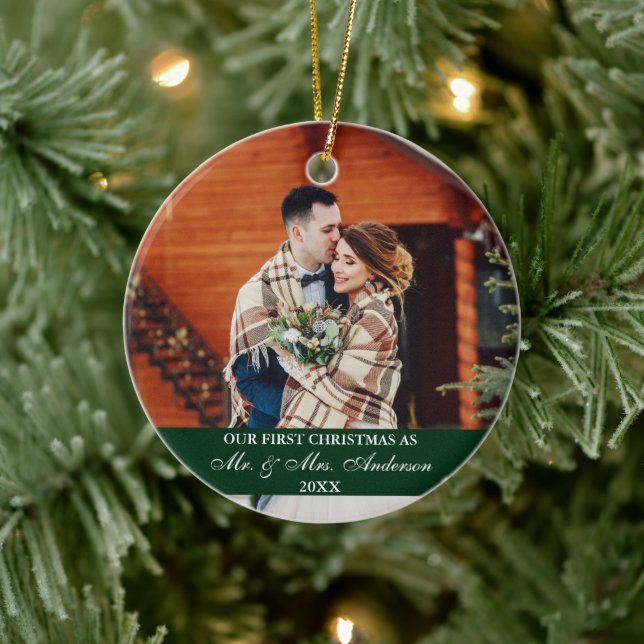 Elegant Script Our First Christmas Hunter Green Ceramic Tree Decoration (Tree)