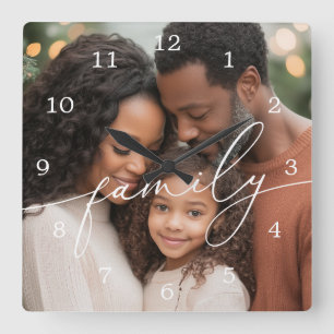 Elegant Script Overlay Family Photo Square Wall Clock