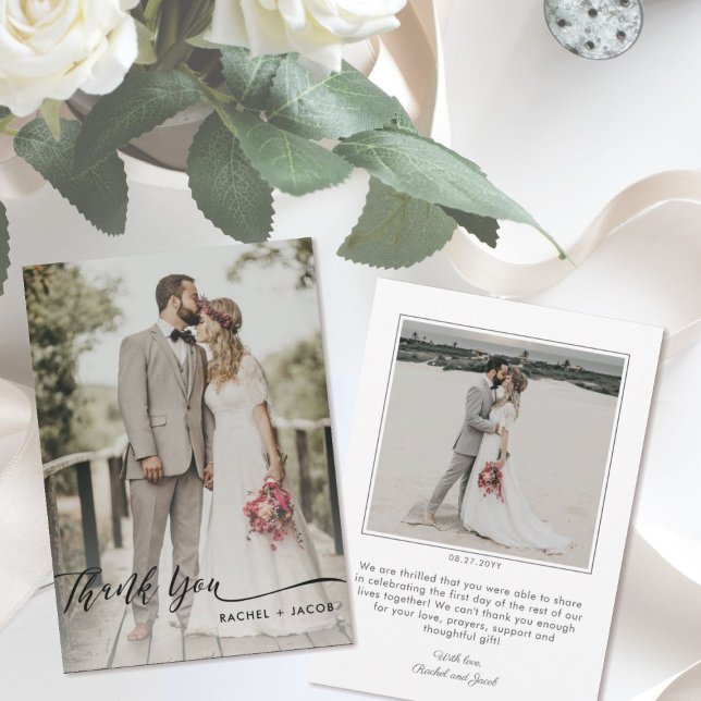 Elegant Script Overlay Modern Two Photo Wedding Thank You Card (Creator Uploaded)