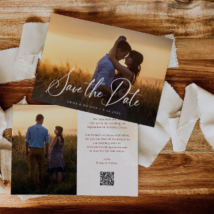 Elegant Script Overlay Two Photo and QR Code Save The Date