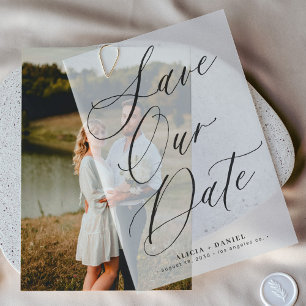 Elegant script overlay wedding save the date vellum invitations