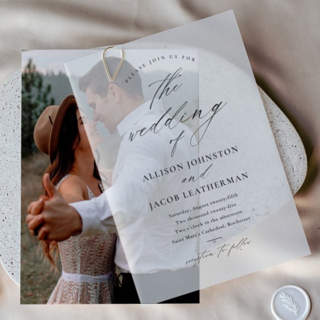 Elegant Script Overlay Wedding  Vellum Invitations (Elegant script calligraphy vellum wedding invitation.)