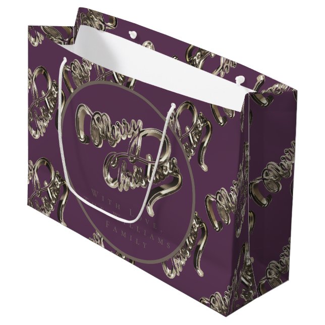 Elegant Script Pattern Eggplant Purple Christmas Large Gift Bag (Front Angled)
