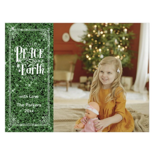 Elegant Script Peace on Earth Green Glitter Modern Holiday Postcard (Creator Uploaded)