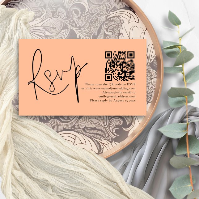 Elegant Script Peach QR Code Wedding RSVP  Enclosure Card (Creator Uploaded)