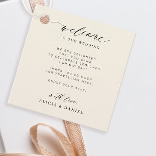 Elegant script personalised ivory wedding welcome favour tags