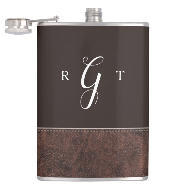 Elegant Script Personalised Monogram Brown Leather Hip Flask (Opened)