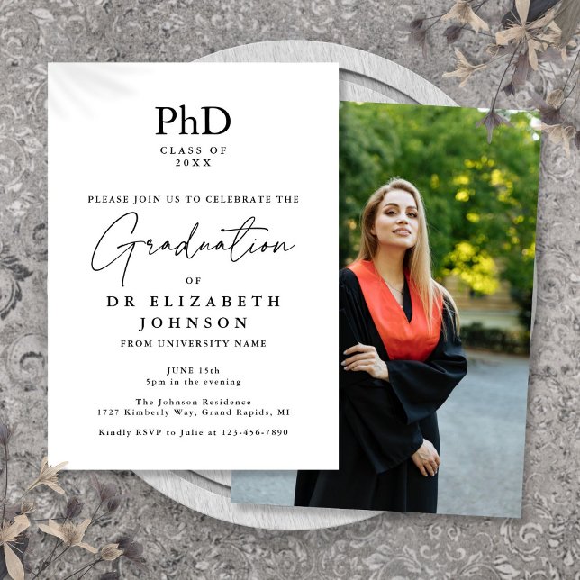 Elegant Script PhD Degree Photo Graduation Party Invitation (Elegant Script PhD Degree Photo Graduation Party Invitation)