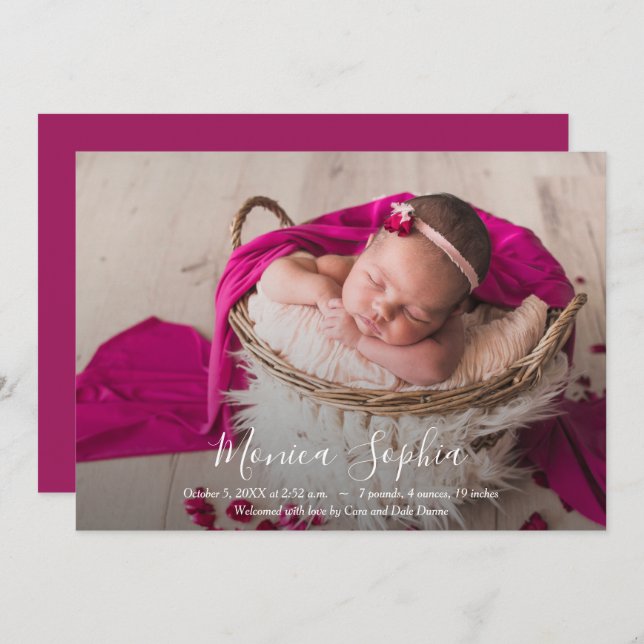 Elegant Script Photo Baby Birth Announcements (Front/Back)