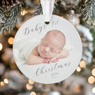 Elegant Script Photo Baby's First Christmas Ornament
