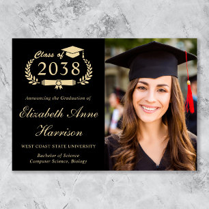Elegant Script Photo Black Gold College Graduation Announcement