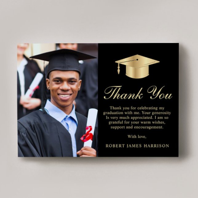 Elegant Script Photo Black Gold Graduation Thank You Card (Creator Uploaded)