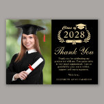 Elegant Script Photo Black Gold Graduation Thank You Card<br><div class="desc">Modern black graduation thank you card featuring "Class of" in a light gold illustration of laurel wreath with a grad cap and diploma,  a photo of the graduate,  "Thank You" in an elegant gold script,  and a customised thank you message and the grad's name in gold typography.</div>